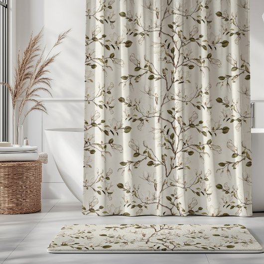 White Magnolia Grove on Cream Elegant Floral  Douchegordijn