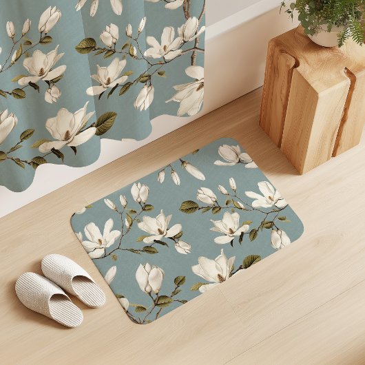 White Magnolia Grove on Duck Blue Elegant Floral  Badmat