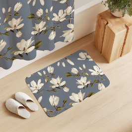 White Magnolia Grove on Slate Blue Elegant Floral Badmat