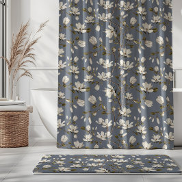 White Magnolia Grove on Slate Blue Elegant Floral Douchegordijn