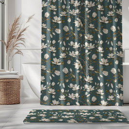 White Magnolia Grove on Viridian Elegant Floral Douchegordijn