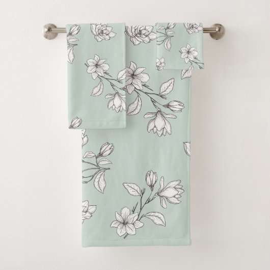 White Magnolia Mint Green Bad Handdoek (Insitu)