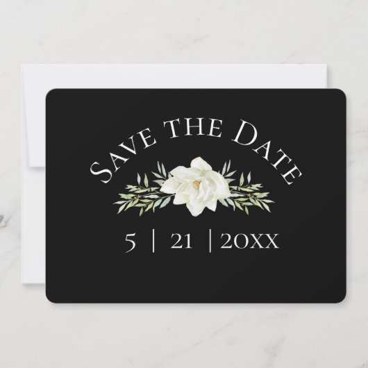 White Magnolia on Black Save the Date w Photo (Voorkant)