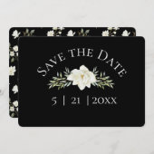 White Magnolia on Black Save the Date w Photo (Voorkant / Achterkant)