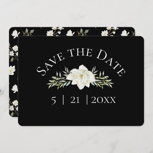 White Magnolia on Black Save the Date w Photo (Voorkant / Achterkant)