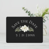White Magnolia on Black Save the Date w Photo (Staand voorkant)