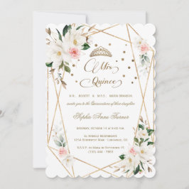 White Magnolia Pink Floral Gold Quinceañera Kaart