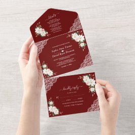 White Magnolia Pink Flowers Burgundy Wedding All In One Uitnodiging