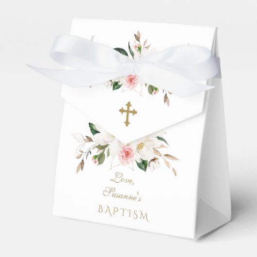 White Magnolia Pink Flowers Gold Cross Baptisme Bedankdoosjes (Voorkant Zijde)