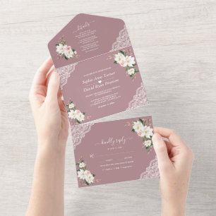 White Magnolia Pink Flowers Misty Roos Wedding All In One Uitnodiging