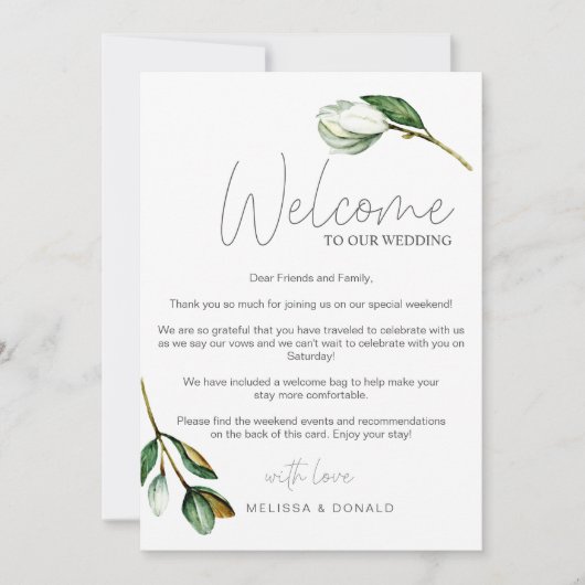 White Magnolia Rustic Welkom Brief & Route Notitiekaartje (Voorkant)