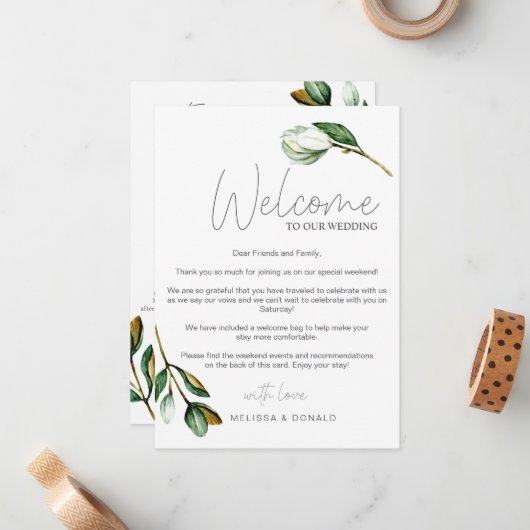 White Magnolia Rustic Welkom Brief & Route Notitiekaartje (Voorkant / Achterkant in situ)