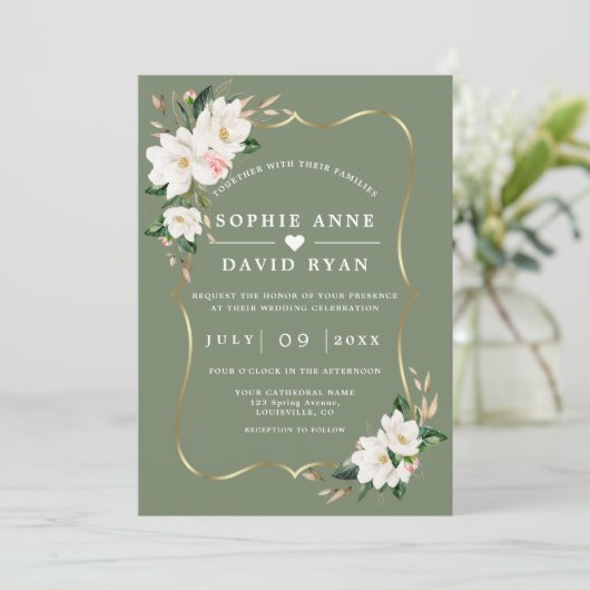 White Magnolia Sage Green All In One Wedding   Kaart (Staand voorkant)