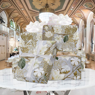 White Magnolia Silver Gold Ferns Floral Wedding Cadeaupapier