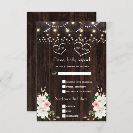 White Magnolia String Lights Old Barn Wedding RSVP Kaartje (Voorkant / Achterkant)