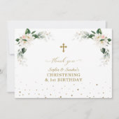 White Magnolia Twins 1st Birthday Christening Bedankkaart (Voorkant)