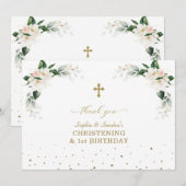 White Magnolia Twins 1st Birthday Christening Bedankkaart (Voorkant / Achterkant)