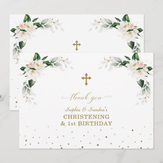 White Magnolia Twins 1st Birthday Christening Bedankkaart (Voorkant / Achterkant)