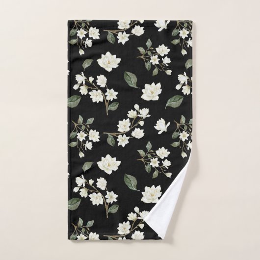 White Magnolia Waterverf Pattern Black Bad Handdoek (Handdoek)