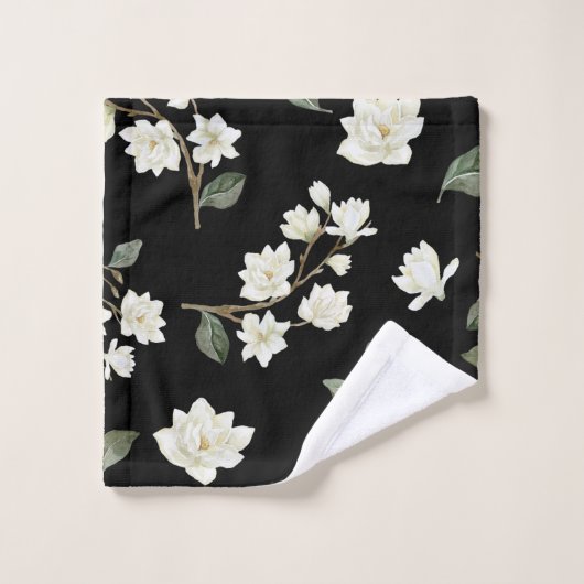 White Magnolia Waterverf Pattern Black Bad Handdoek (Wasdoekje)