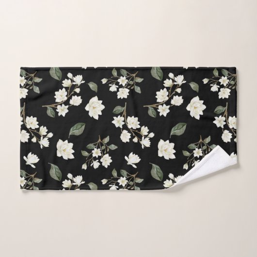 White Magnolia Waterverf Pattern Black Bad Handdoek (Handdoek)