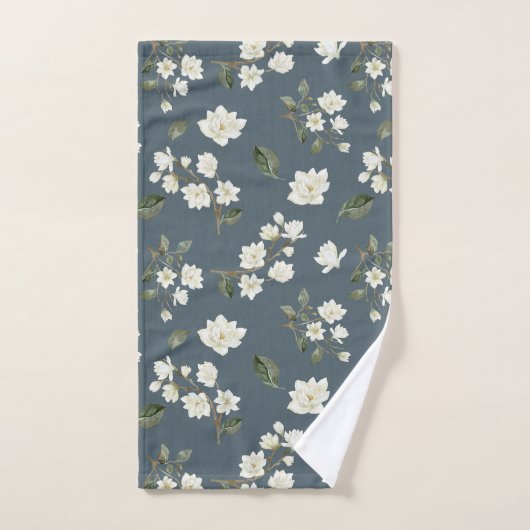 White Magnolia Waterverf Pattern Slate Grey Bad Handdoek (Handdoek)