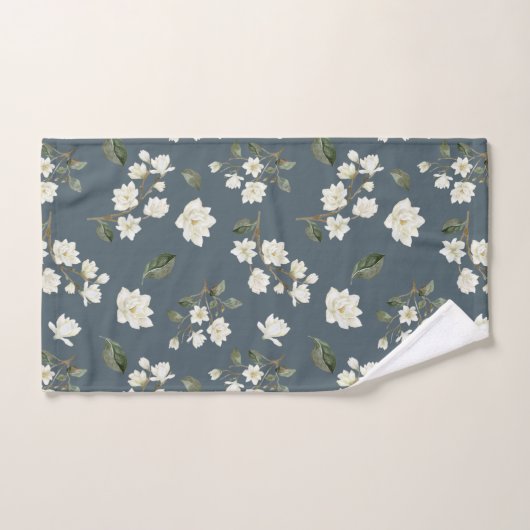 White Magnolia Waterverf Pattern Slate Grey Bad Handdoek (Handdoek)