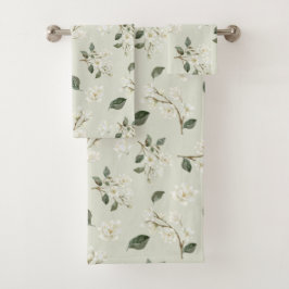 White Magnolia Waterverf Pattern Zee Foam Green Bad Handdoek