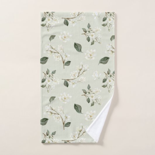White Magnolia Waterverf Pattern Zee Foam Green Bad Handdoek (Handdoek)