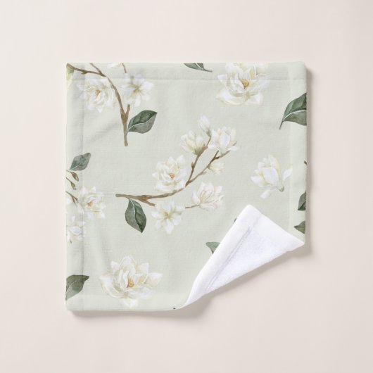 White Magnolia Waterverf Pattern Zee Foam Green Bad Handdoek (Wasdoekje)