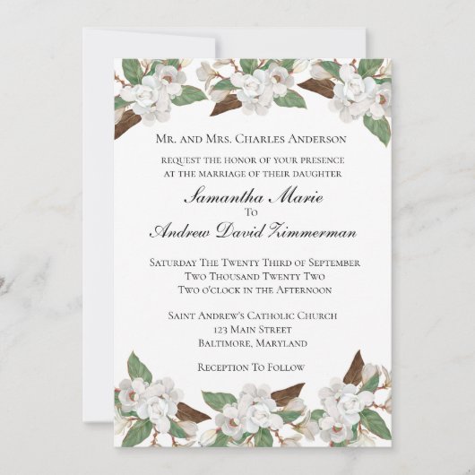 White Magnolias Classic Formal Elegant Wedding Inv Kaart (Voorkant)