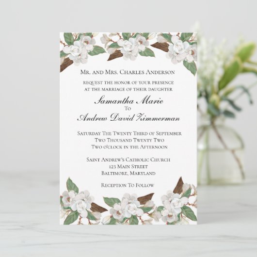 White Magnolias Classic Formal Elegant Wedding Inv Kaart (Staand voorkant)