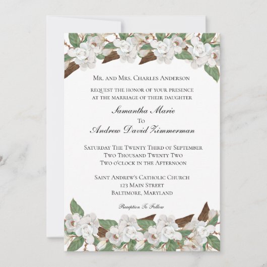 White Magnolias Classic Formal Elegant Wedding Kaart (Voorkant)