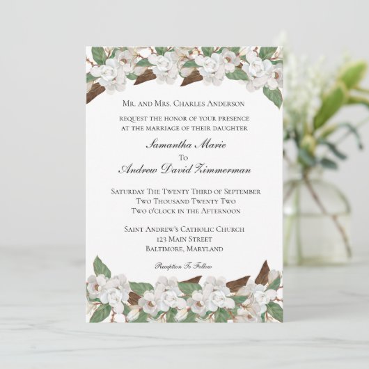 White Magnolias Classic Formal Elegant Wedding Kaart (Staand voorkant)
