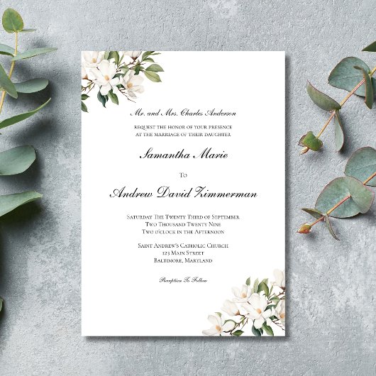White Magnolias Classic Formal Elegant Wedding Kaart