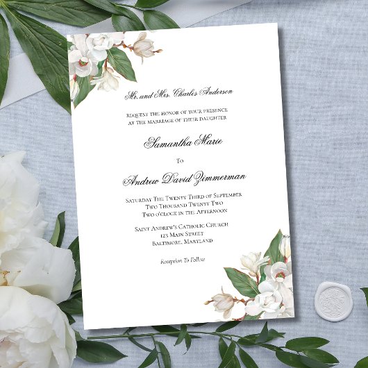 White Magnolias Classic Formal Elegant Wedding Kaart
