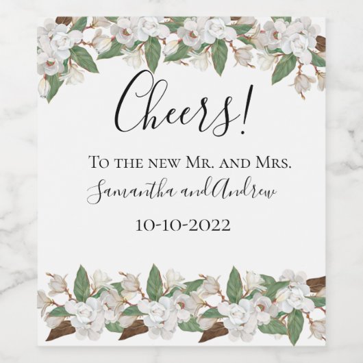 White Magnolias Elegant Classic Wedding Wijn Etiket (Enkel label)