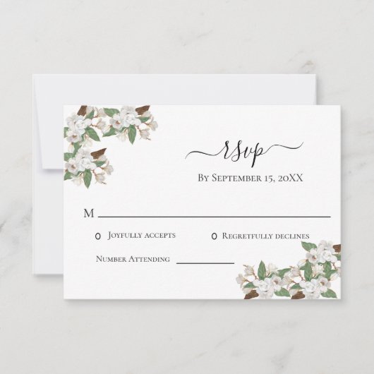 White Magnolias Elegant Wedding RSVP Card (Voorkant)