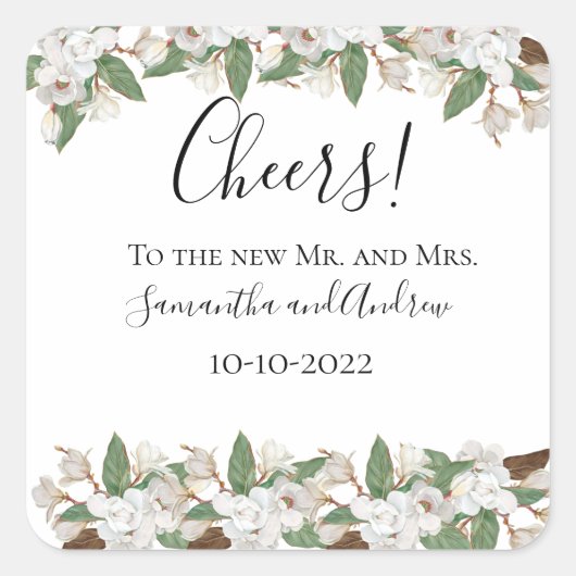 White Magnolias Elegant Wedding Vierkante Sticker (Voorkant)