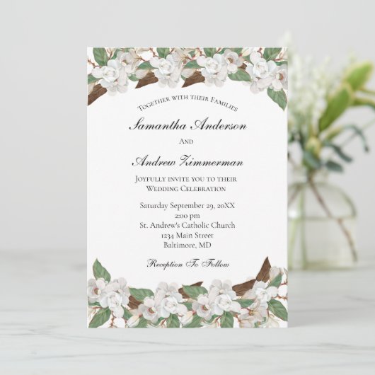 White Magnolias Floral Formal Elegant Wedding Kaart (Staand voorkant)