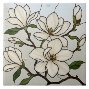 White Magnolias Glas in lood illusie Tegeltje