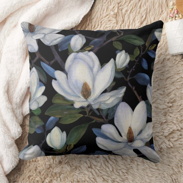 White magnolias on black pattern kussen (Deken)