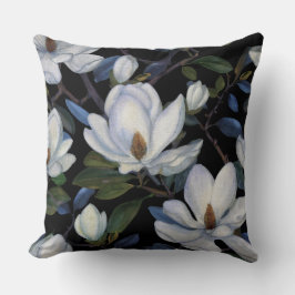 White magnolias on black pattern kussen