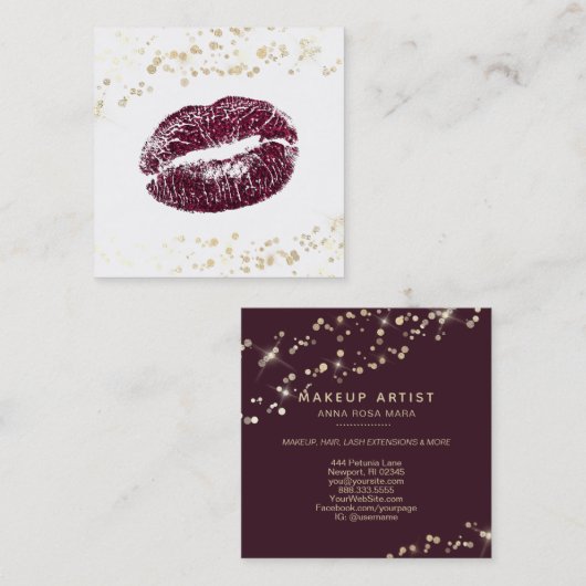 *~* White Makeup Burgundy Lips Gold Confetti Vierkante Visitekaartje (Voorkant / Achterkant)