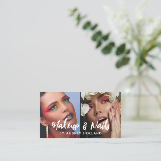 White Makeup & Nails White Script 2-foto's Visitekaartje (Staand voorkant)