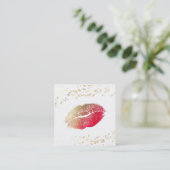 *~* White Makeup Red Lips Gold Confetti Vierkante Visitekaartje (Staand voorkant)