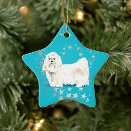 White Maltese Dog Silver Stars Blauwgroen Kerstmis Keramisch Ornament