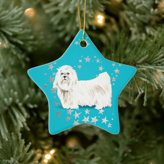 White Maltese Dog Silver Stars Blauwgroen Kerstmis Keramisch Ornament (Boom)