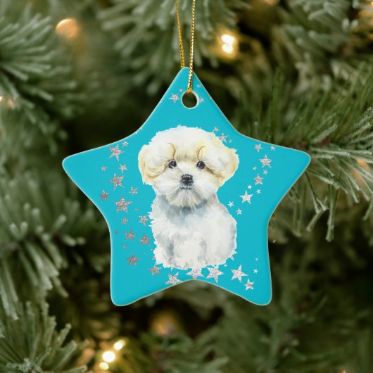 White Maltese Dog Silver Stars Blauwgroen Kerstmis Keramisch Ornament (Boom)