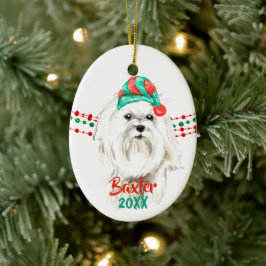 White Maltese Santa Hat Holiday String Beads Keramisch Ornament